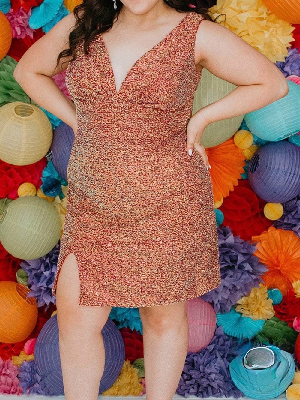 Sydney's Closet Copper Sequin V-Neck Mini Dress